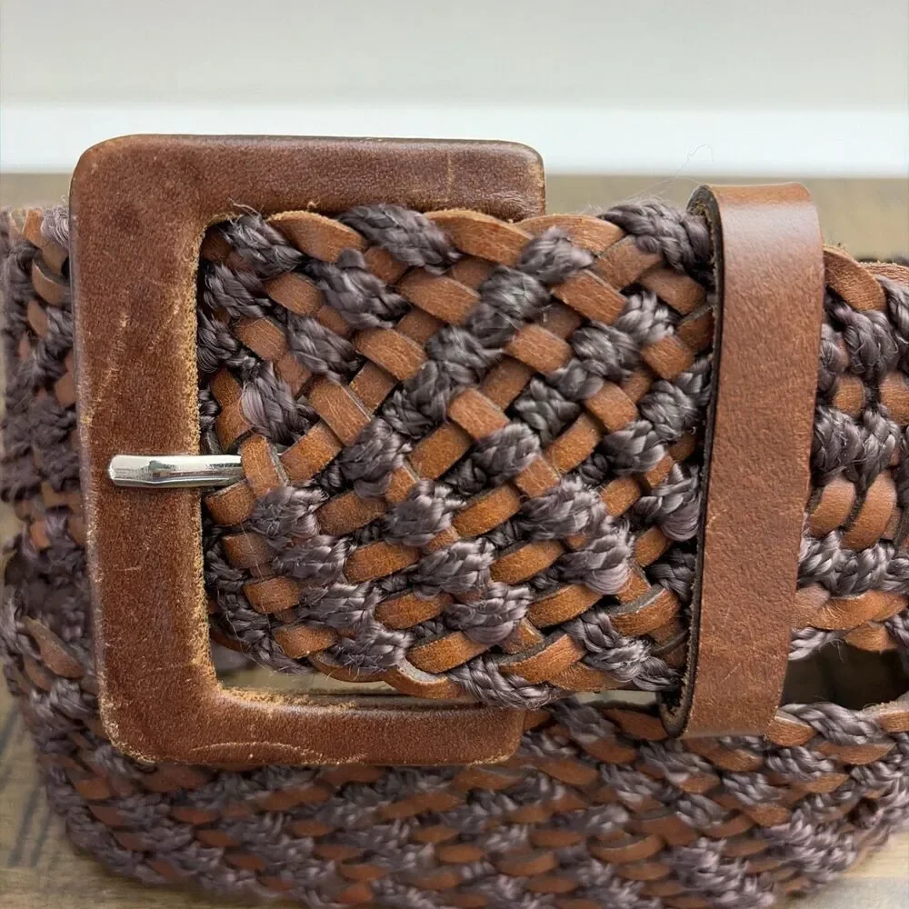 Vintage Woven Leather Cotton Belt Wide Brown Boho Western Women Size S